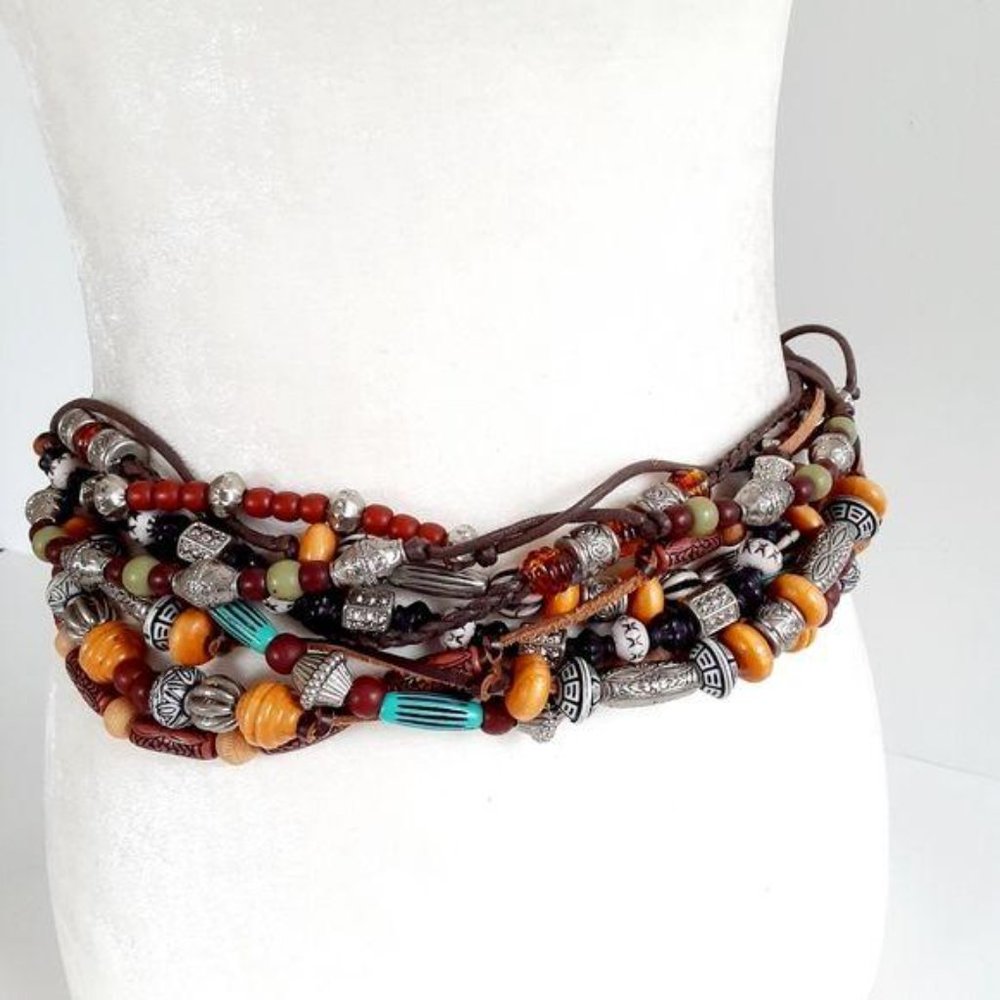 The Limited Boho Peasant Hippie Wearable Art Multi Strand Beaded Leather Belt